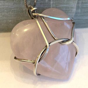 Pink Rose Quartz & Silver Heart Pendant Necklace